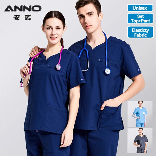 ANNO Nursing Uniforms Elastic Spandex Clinics Suit Female Male Scrubs